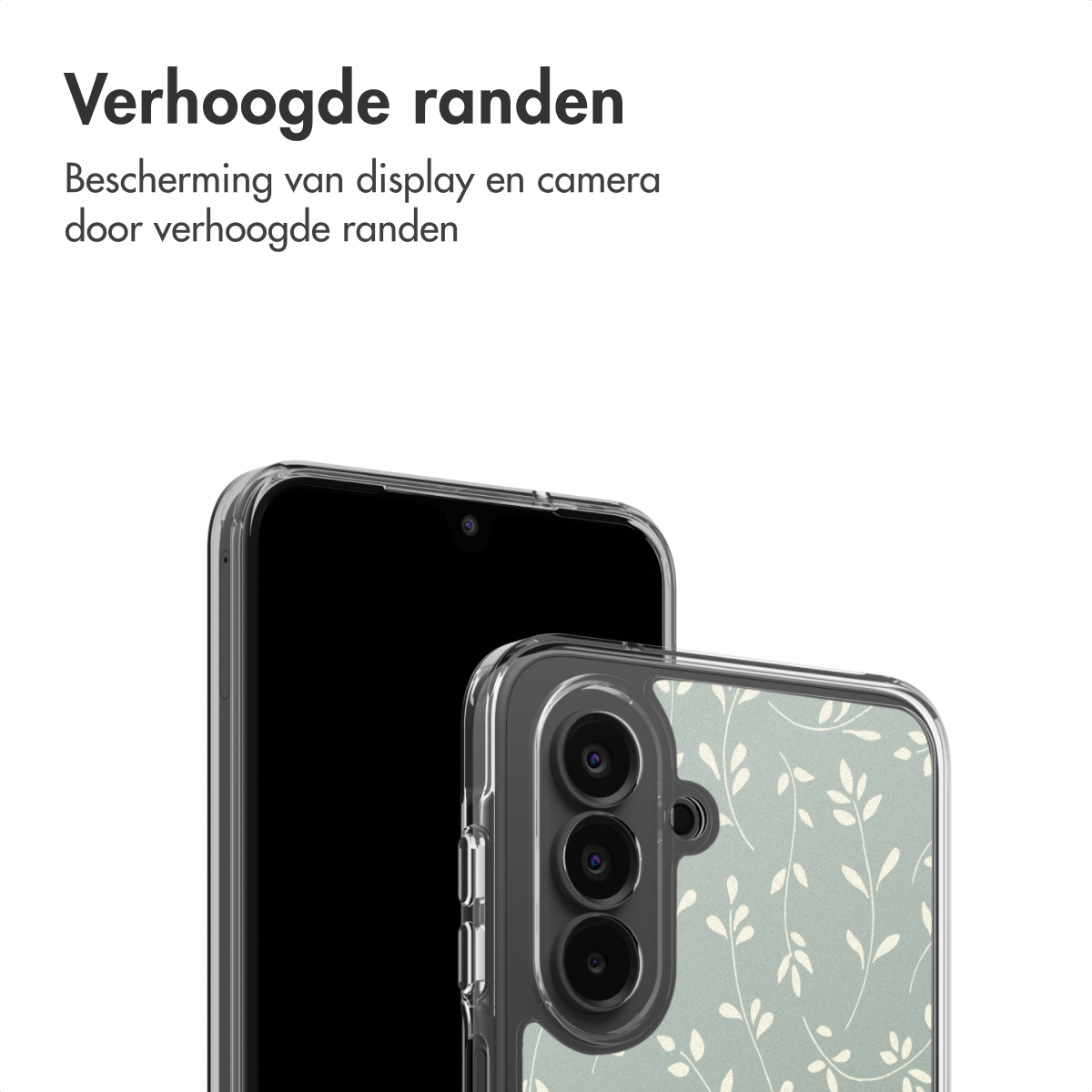 Een telefoon in een doorzichtige hoes. De hoes heeft een bloemenpatroon met witte bladeren op een lichtgroene achtergrond. Het scherm is zwart.