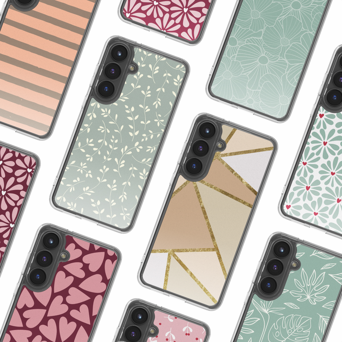 Verschillende telefoonhoesjes met verschillende patronen: bloemen, geometrisch en harten. Kleuren zijn roze, groen en goud op een witte achtergrond.