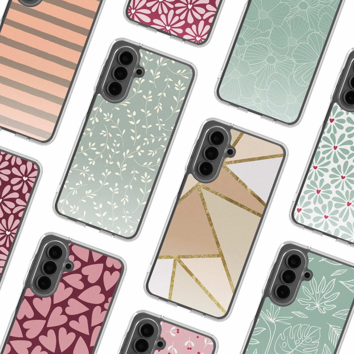 Verschillende telefoonhoesjes met verschillende ontwerpen: bloemen-, geometrische en gestreepte patronen. Hoesjes zitten in transparante beschermhoezen.