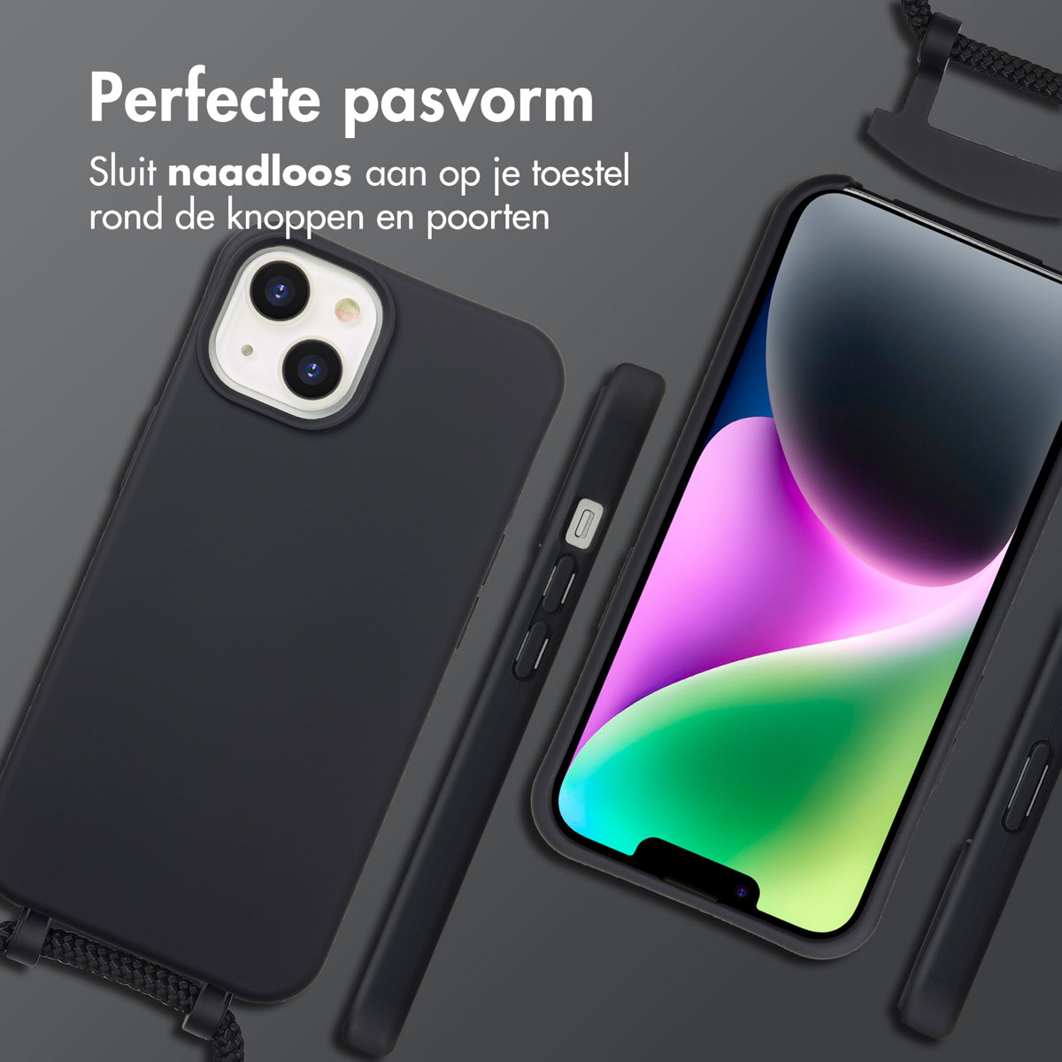 Zwarte telefoonhoesjes op een grijze ondergrond. Eén telefoon toont een kleurrijke achtergrond. De tekst 'Perfecte pasvorm' is zichtbaar.