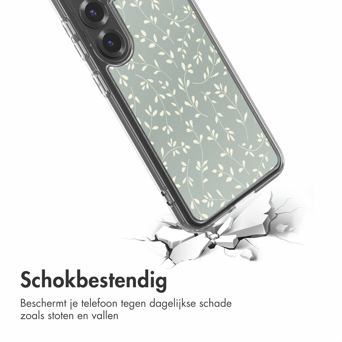 Een telefoonhoesje met een bloemenpatroon wordt getoond, dat lijkt te vallen en het oppervlak eronder te breken. Het is een beschermhoesje.