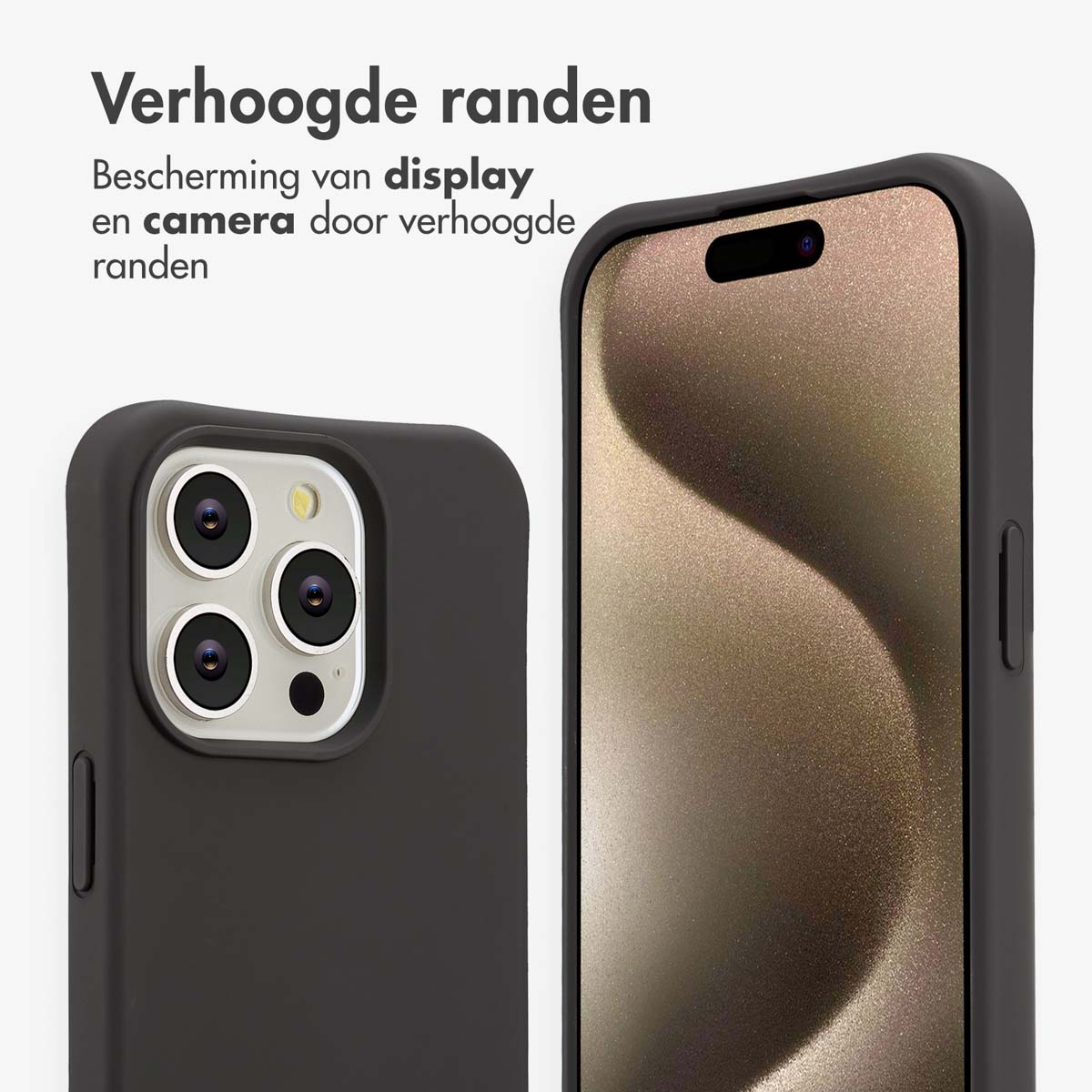 Twee zwarte telefoonhoesjes met verhoogde randen, één met camera-uitsparingen, één met het scherm. Tekst in het Nederlands bovenaan.
