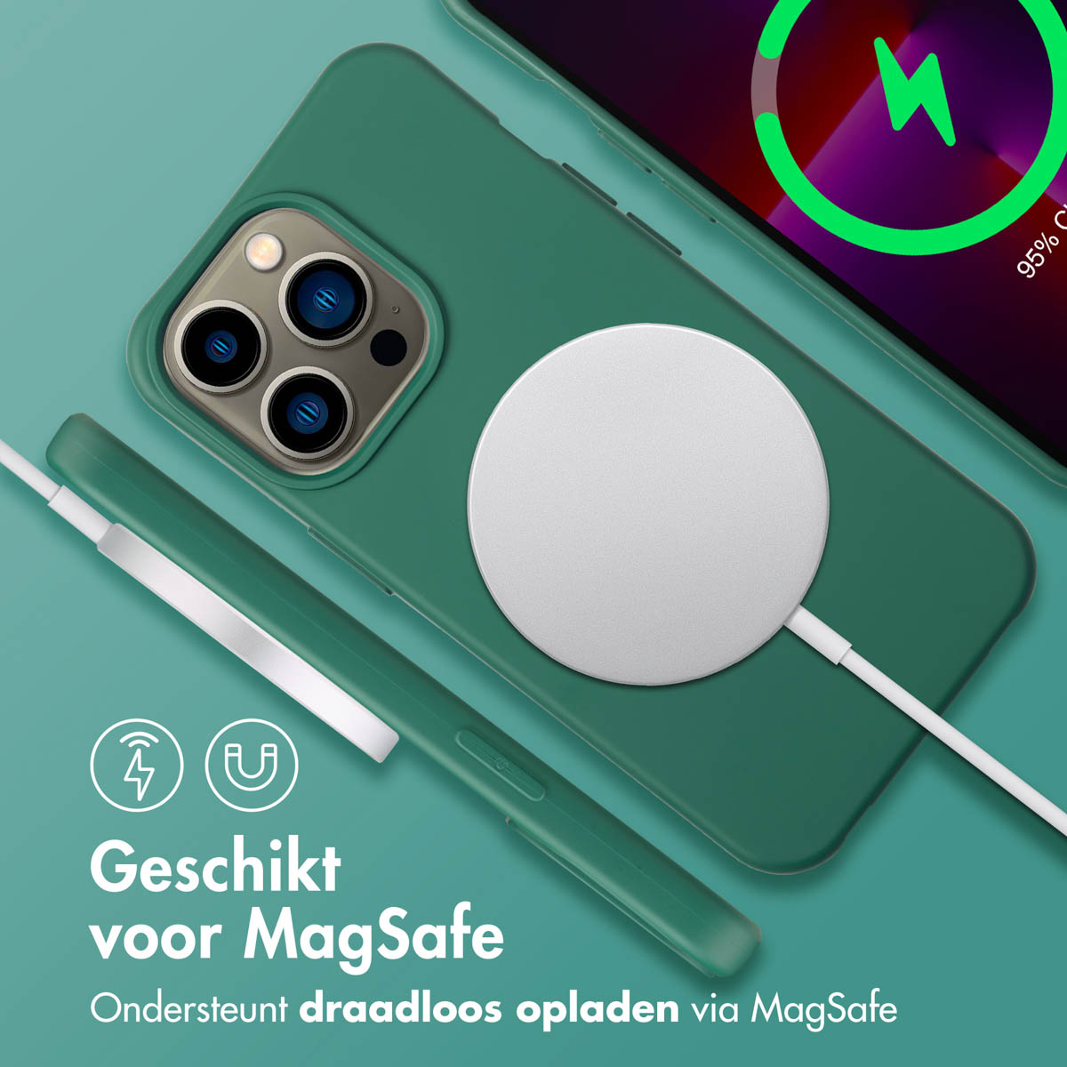 Une coque de téléphone verte avec un chargeur MagSafe blanc connecté à un téléphone se chargeant sans fil. Le téléphone affiche 95% de charge.