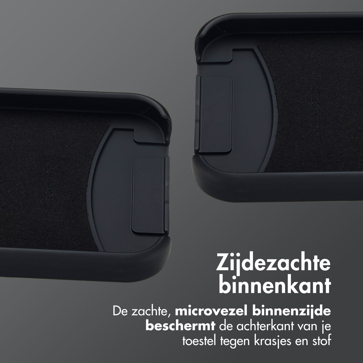 Twee zwarte telefooncasehelften; zacht microvezel interieur. Beschermt tegen krassen en stof. Tekst: 'Zacht van binnen'.