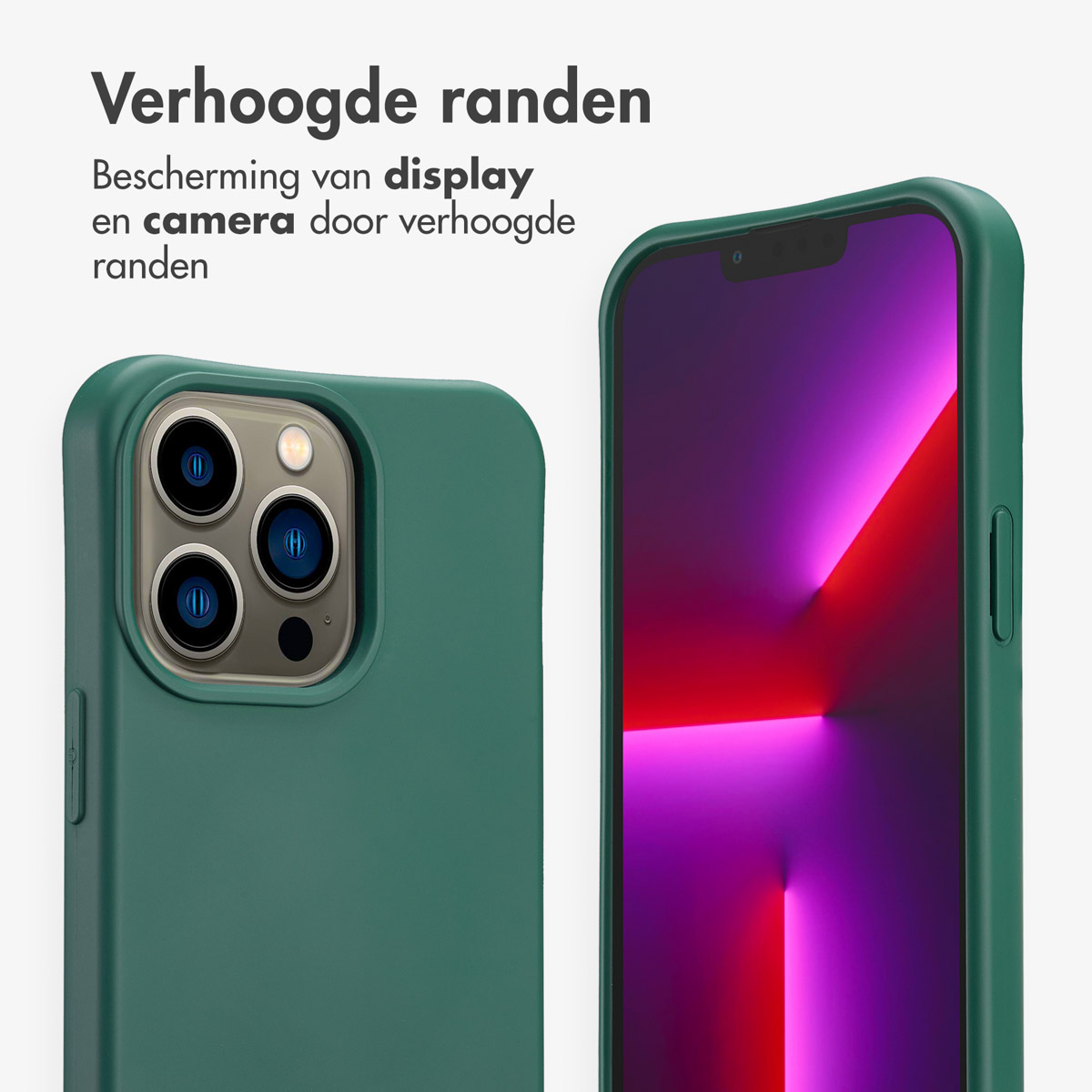 Deux coques de téléphone vertes avec des iPhones. L'une montre l'appareil photo, l'autre l'écran. Texte : 'Les bords surélevés protègent l'écran et la caméra.'