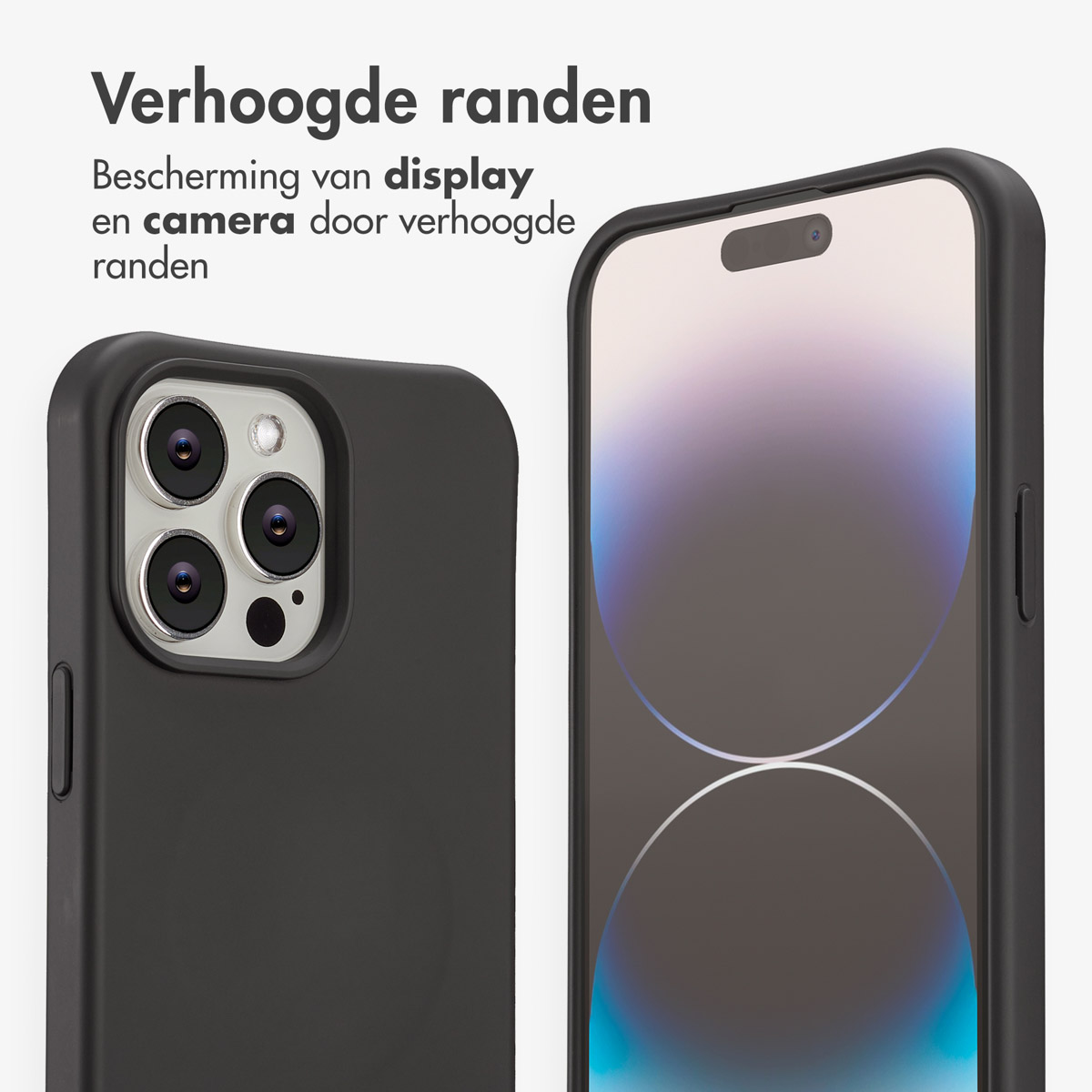Zwarte telefoonhoes met verhoogde randen die een telefoon beschermt. Scherm en camera zijn zichtbaar.
