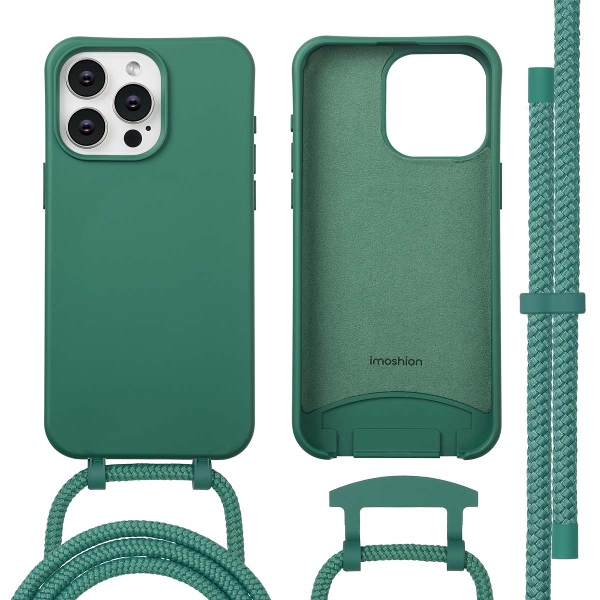 Een groene telefoonhoes met bijpassend koord, plus een afneembare hoes, allemaal op een witte achtergrond. Het merk is imoshion.