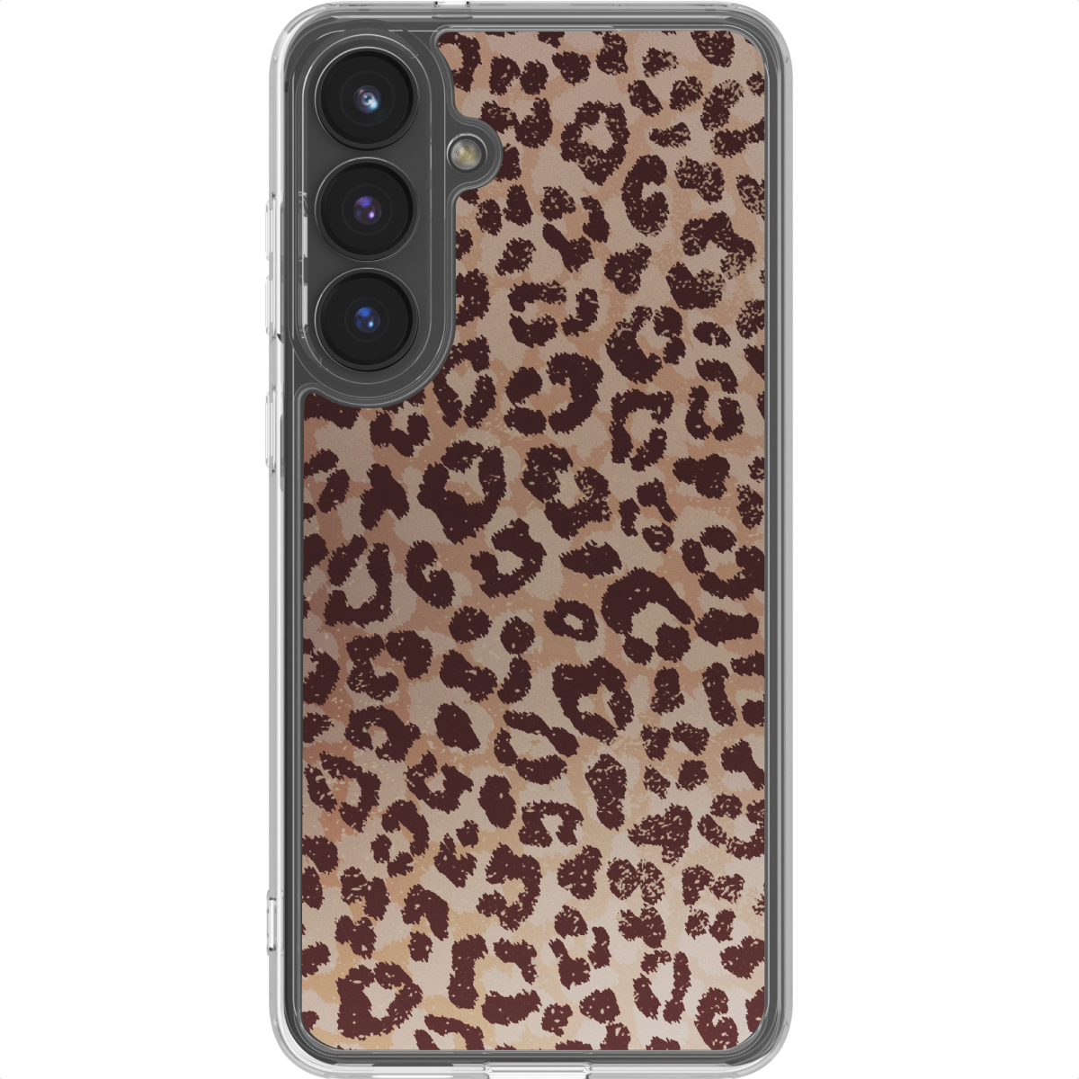 Coque de smartphone à imprimé léopard. Taches marron sur fond beige. Cadre transparent, triple caméra.