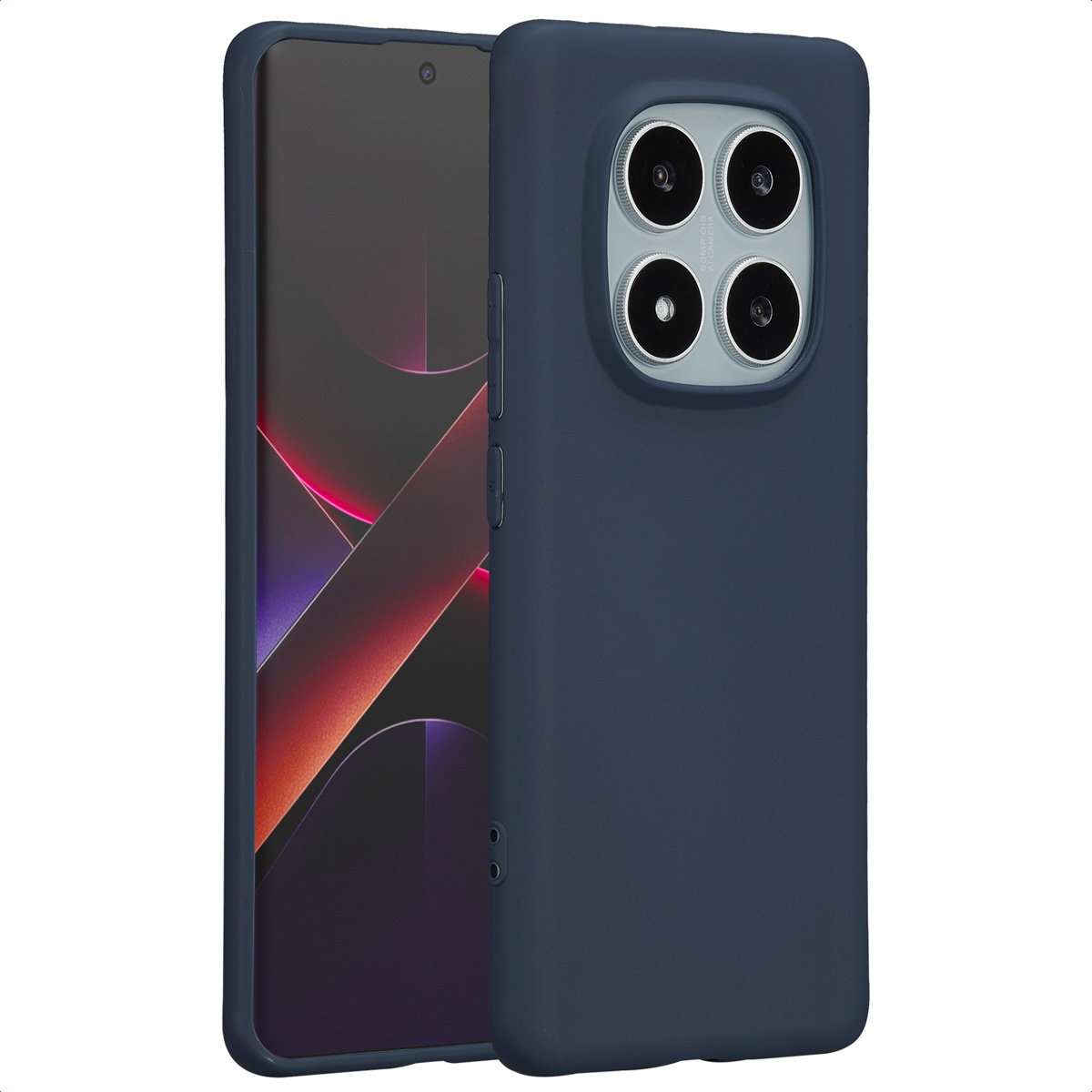 Une coque de téléphone bleue à côté d'un téléphone. Le téléphone a un écran sombre. La coque a plusieurs caméras à l'arrière.
