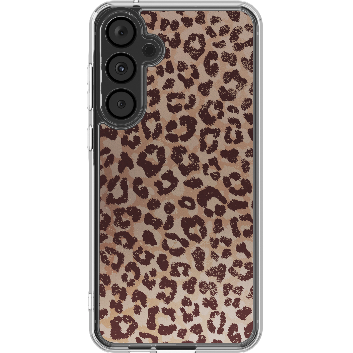 Een telefoonhoesje met een luipaardprint ontwerp. De hoes is transparant met een bruin en tan gevlekt patroon.