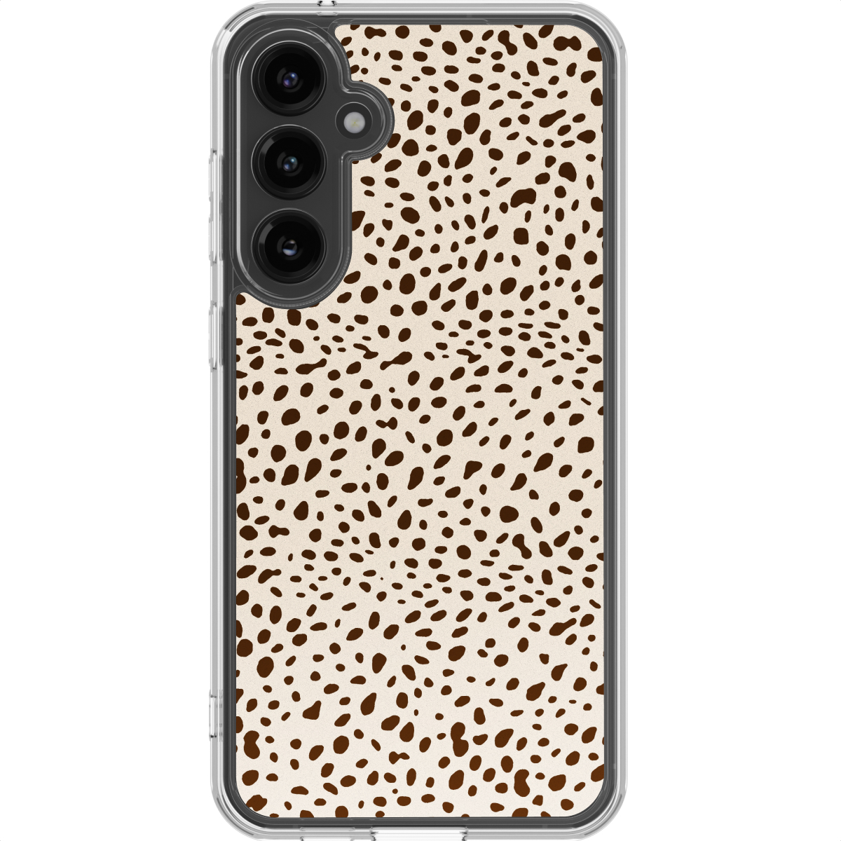 Een telefoonhoesje met een bruin stippenpatroon op een crèmekleurige achtergrond. Het heeft een doorzichtige rand en een cameramodule.