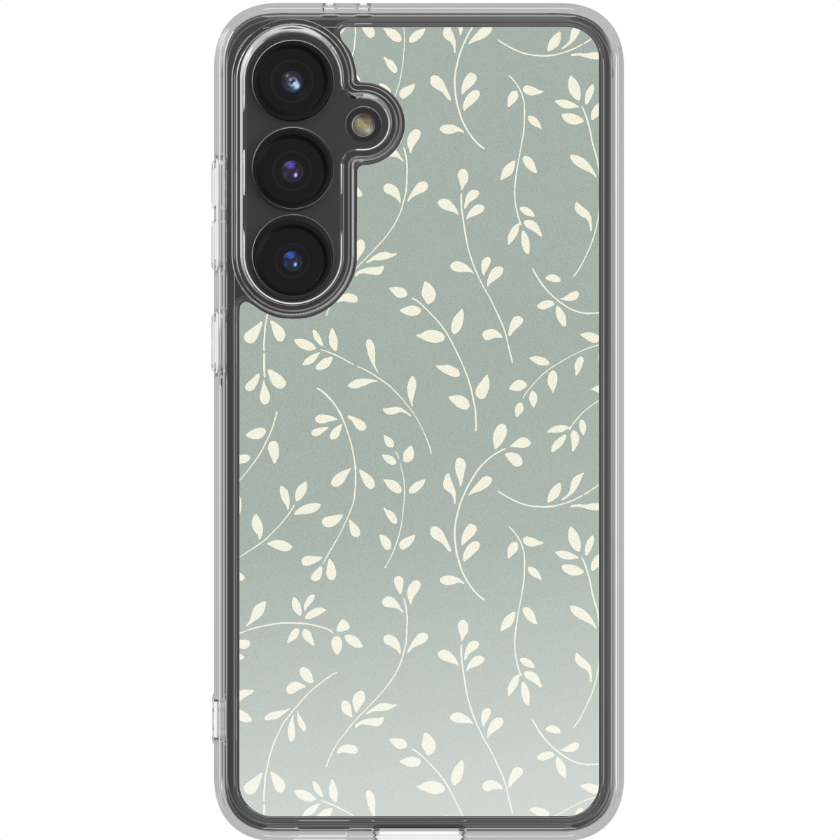 Una custodia per telefono con sfondo verde chiaro e un motivo di foglie bianche. La custodia circonda il telefono.
