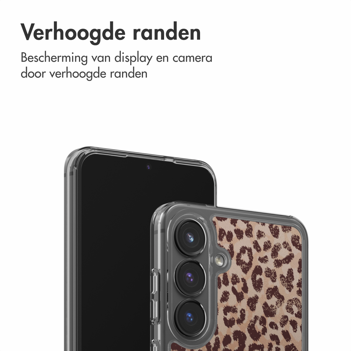 Deux smartphones. L'un a un écran noir, l'autre une coque à imprimé léopard. Texte en haut: 'Bords surélevés'.