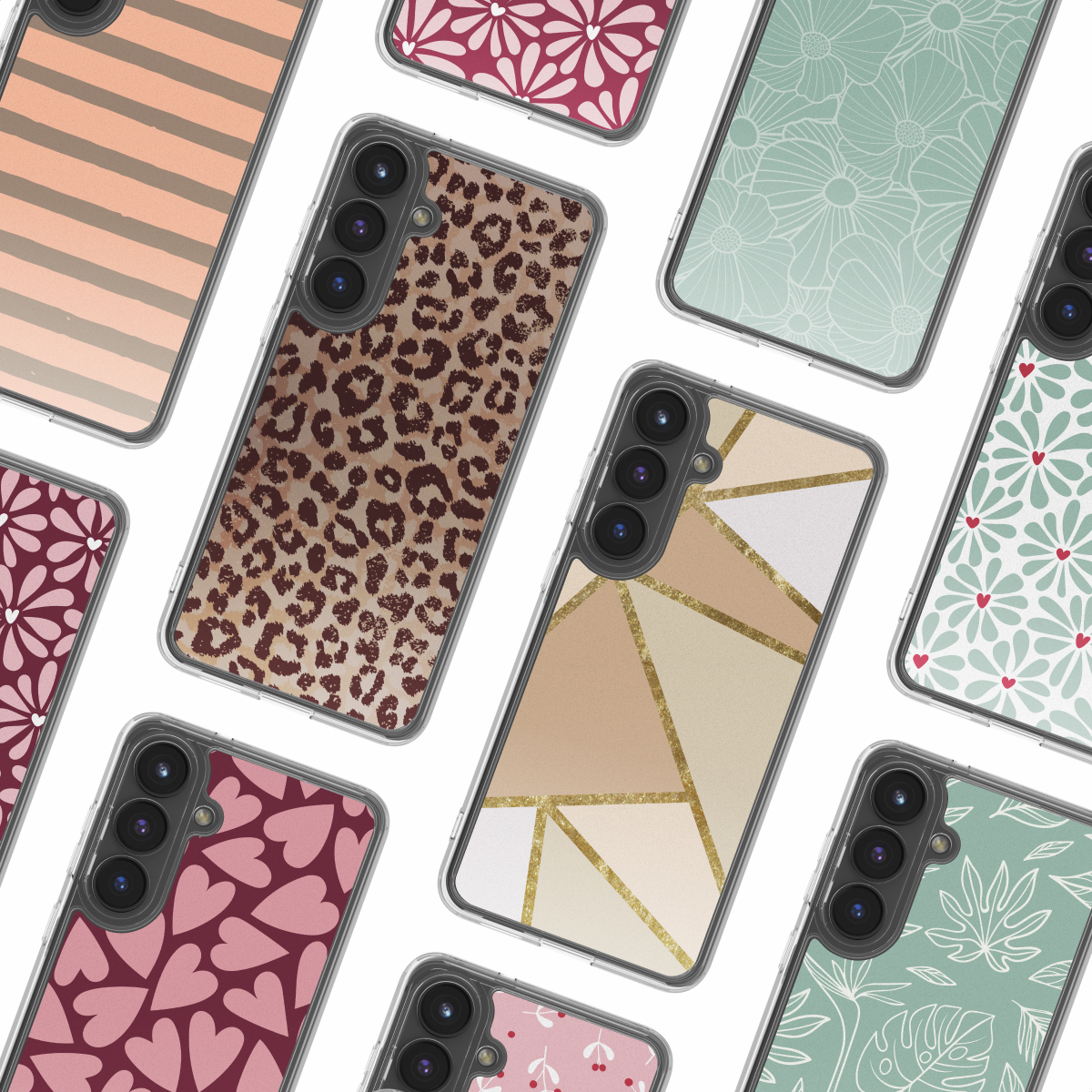 Assortiment d'étuis de téléphone avec divers motifs : imprimé léopard, géométrique, floral et cœurs. Les étuis sont de différentes couleurs sur fond blanc.