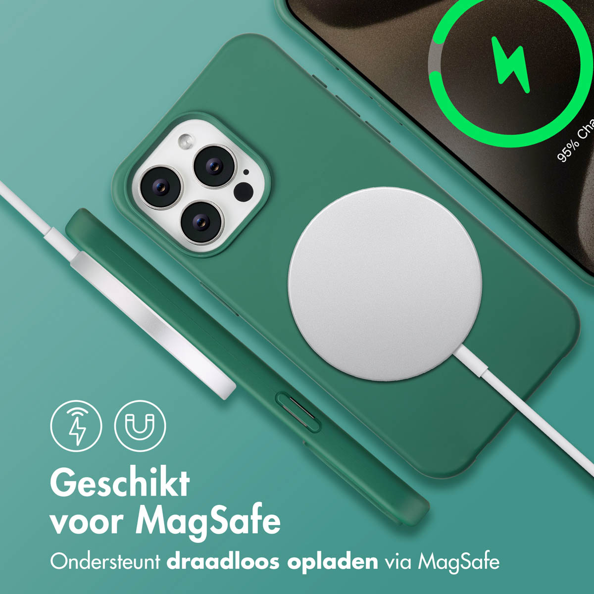 Een groene telefoon met een MagSafe-oplader aangesloten. De telefoon toont een oplaadpictogram. Tekst: 'Geschikt voor MagSafe'.