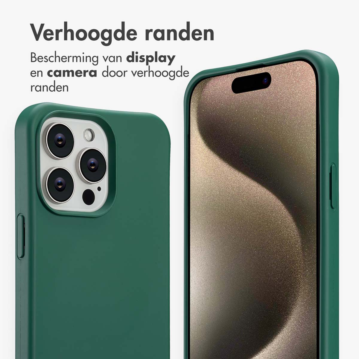 Twee groene telefoonhoesjes. Eén toont de cameralenzen, de andere het scherm. Nederlandse tekst: "Verhoogde randen" en bescherming.