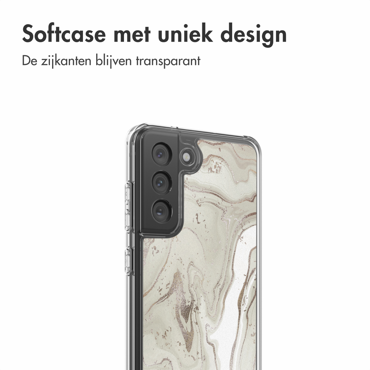Una custodia per telefono con un design a marmo unico. La custodia è trasparente con un'area fotocamera nera. Lo sfondo è bianco.