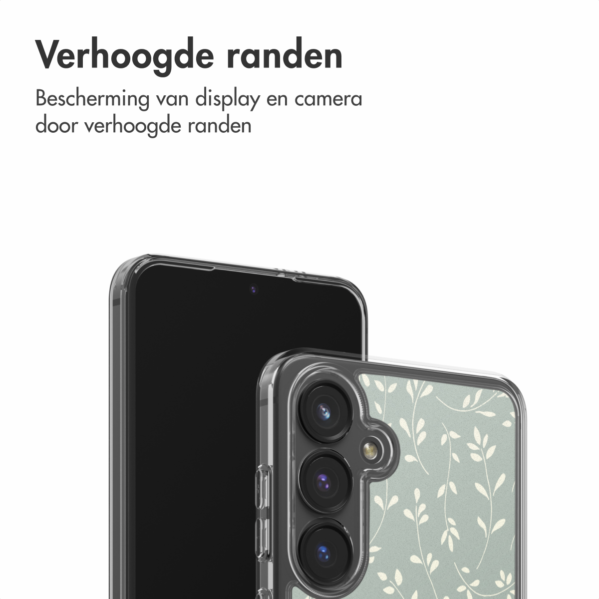 Due smartphone, uno con schermo nero, l'altro con motivo floreale. Entrambi in custodie protettive trasparenti. Testo in alto.
