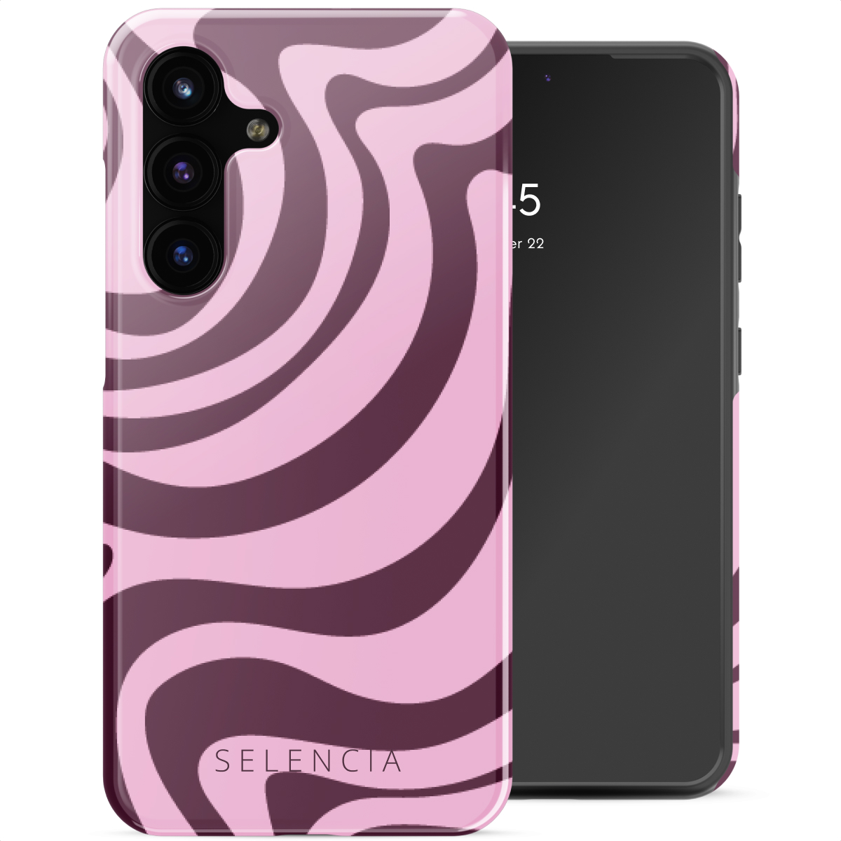 Téléphone avec coque ondulée rose et violette. L'écran affiche l'heure et la date. La coque porte le nom de la marque Selencia.