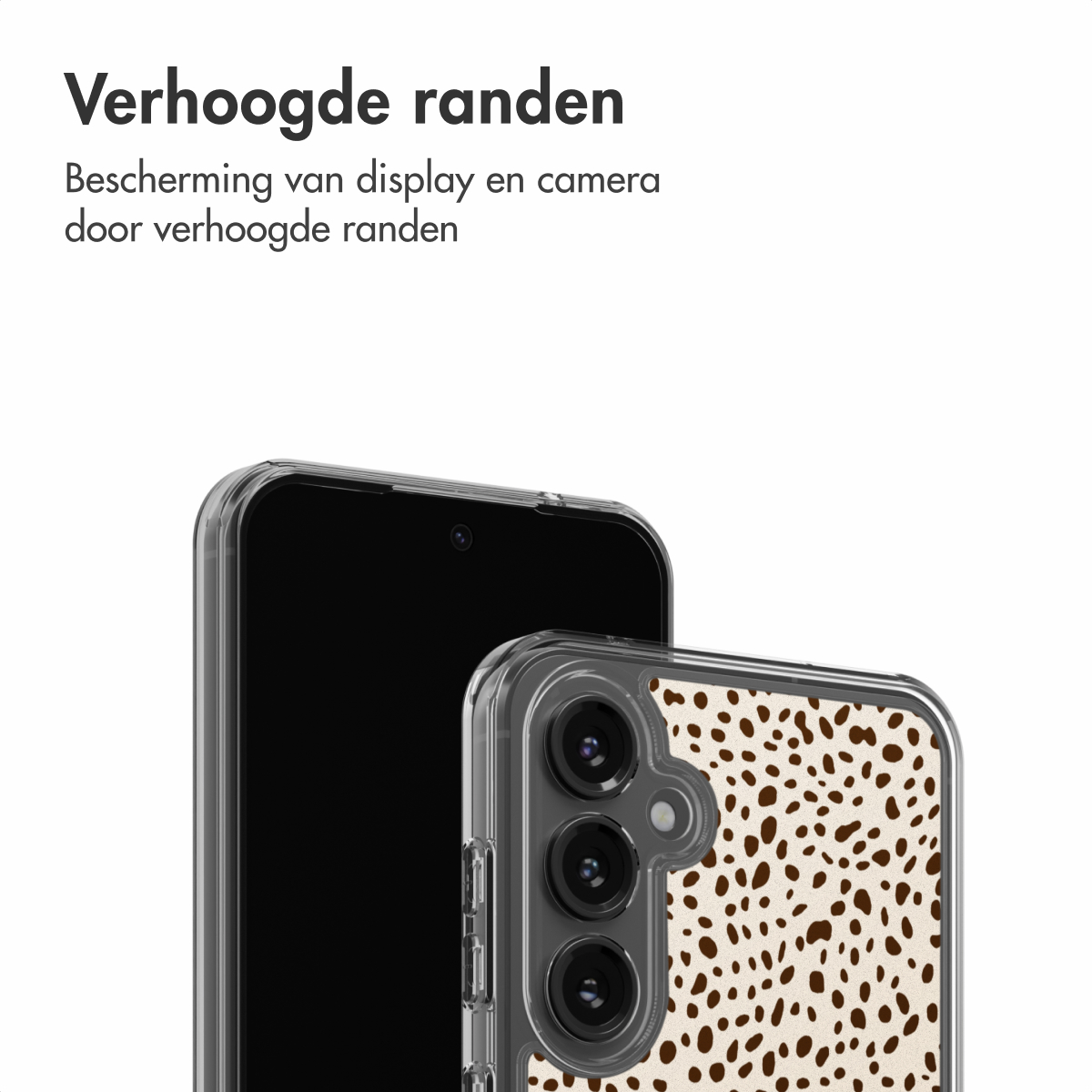 Due smartphone, uno in una custodia trasparente con macchie marroni. Schermo nero del telefono a sinistra. Sfondo bianco.