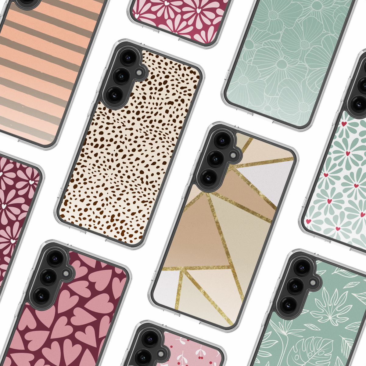 Diversi smartphone con custodie a fantasia: stampa leopardata, floreale, geometrica e disegni a cuore, disposti su sfondo bianco.