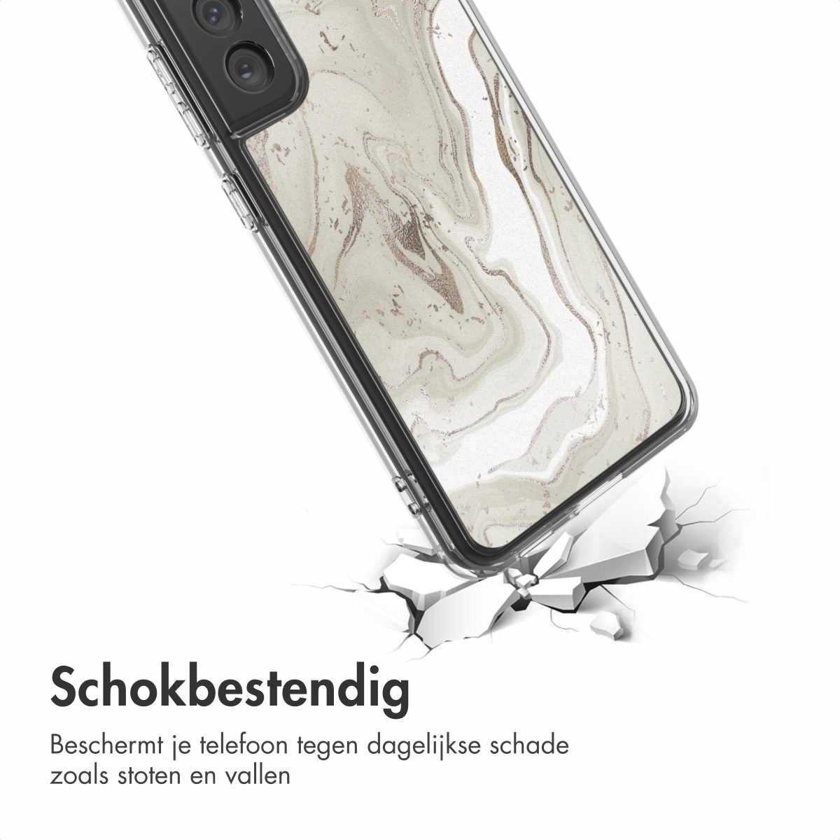 Una custodia per telefono con design marmorizzato, su una superficie incrinata. La custodia è trasparente e mostra la fotocamera e il design.