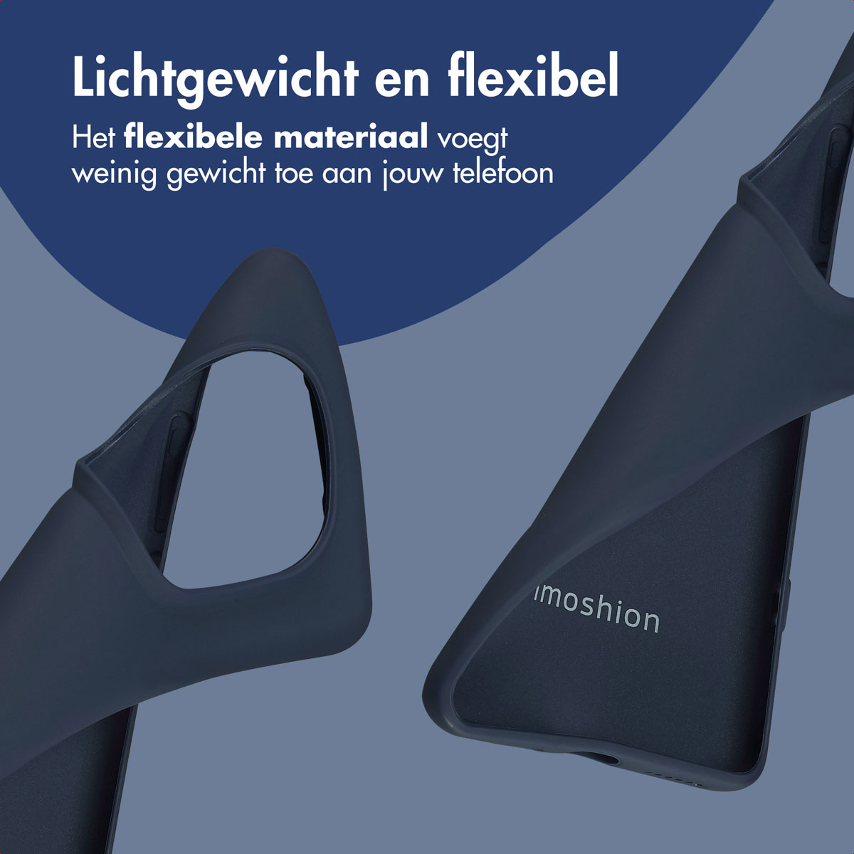 Deux coques de téléphone bleu foncé sur fond bleu. Le texte dit : 'Léger et flexible', 'Le matériau souple ajoute peu de poids à votre téléphone'.