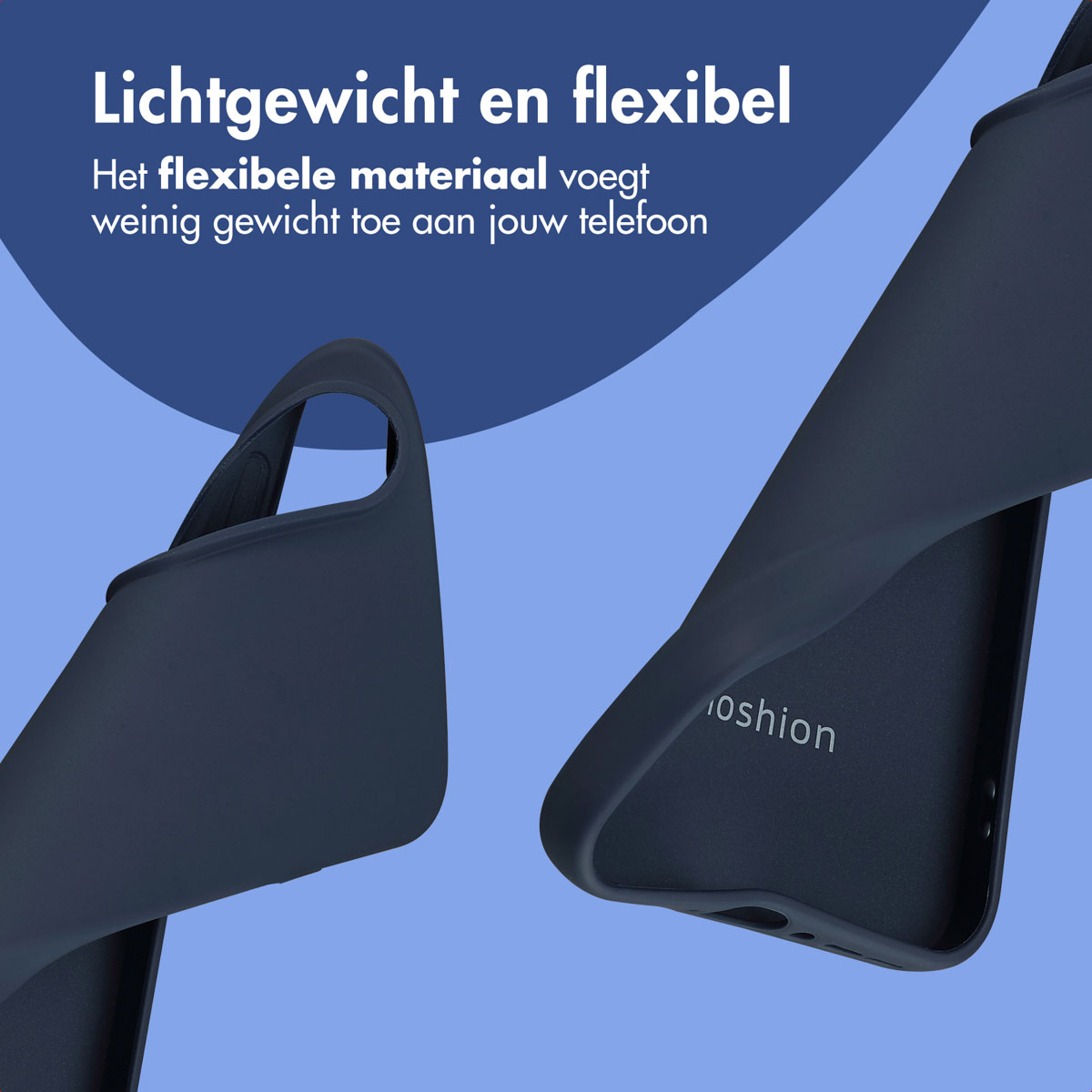Coque de téléphone bleu marine, matériau flexible, avec la marque 'oshion'. Fond bleu clair avec texte: léger et flexible.