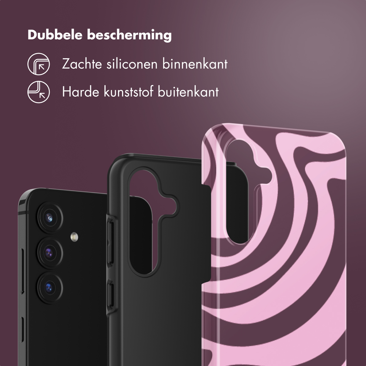 L'image montre des coques de téléphone. L'une est noire, l'autre avec un motif tourbillon rose et rose foncé. Le fond est un dégradé.