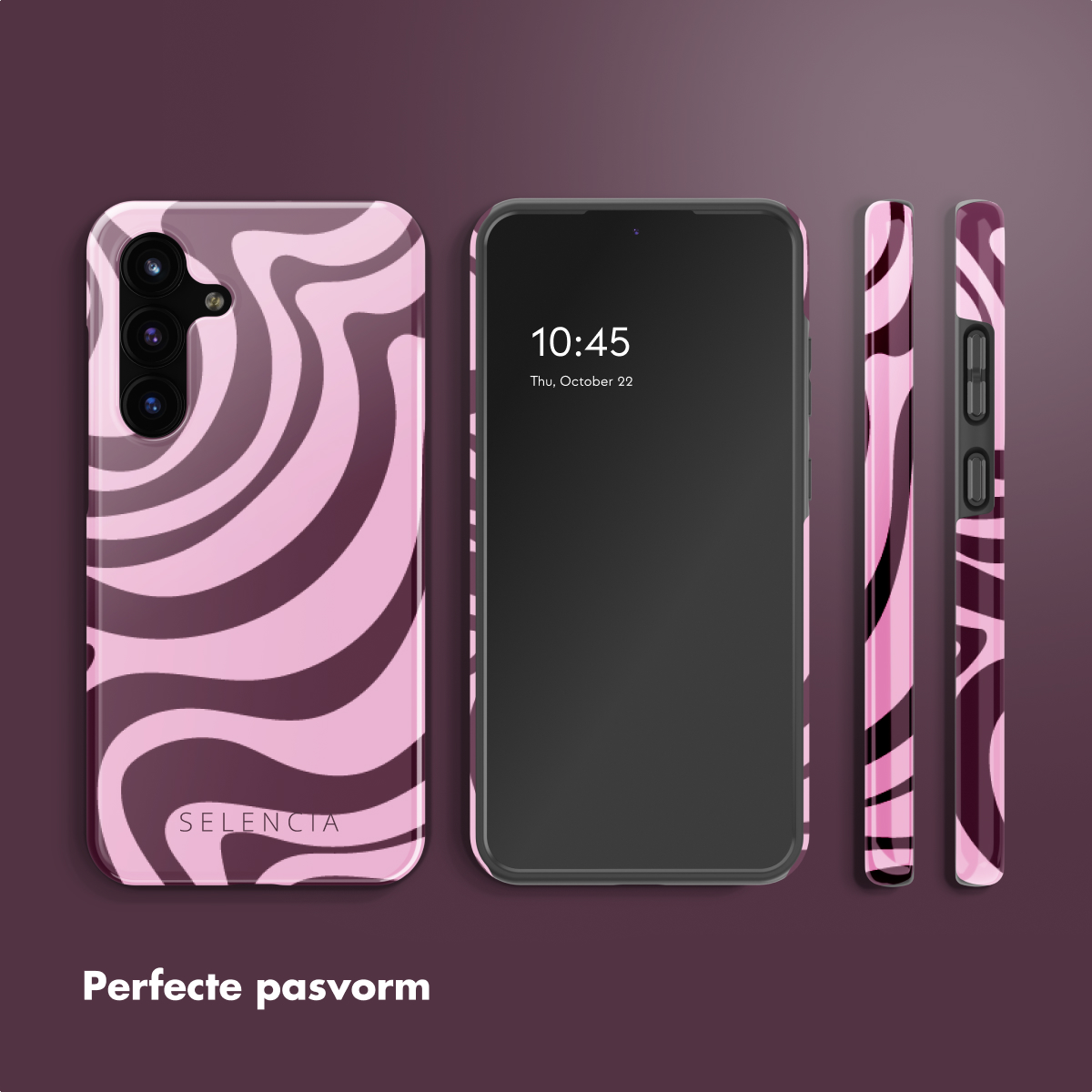 Un smartphone avec un étui à motifs tourbillonnants roses et rose foncé. Un téléphone affiche l'heure. Deux étuis sont sur le côté.