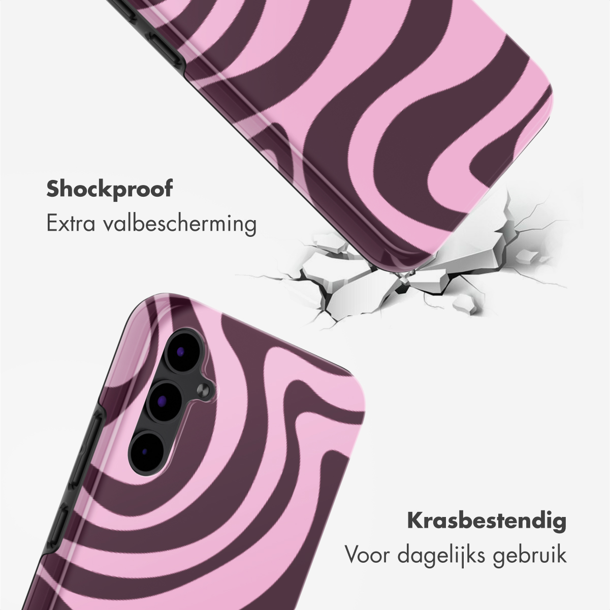 Coques de téléphone à rayures zébrées roses et violettes foncées. Une coque tombe, brisant le sol. Texte : Antichoc et résistant aux rayures.