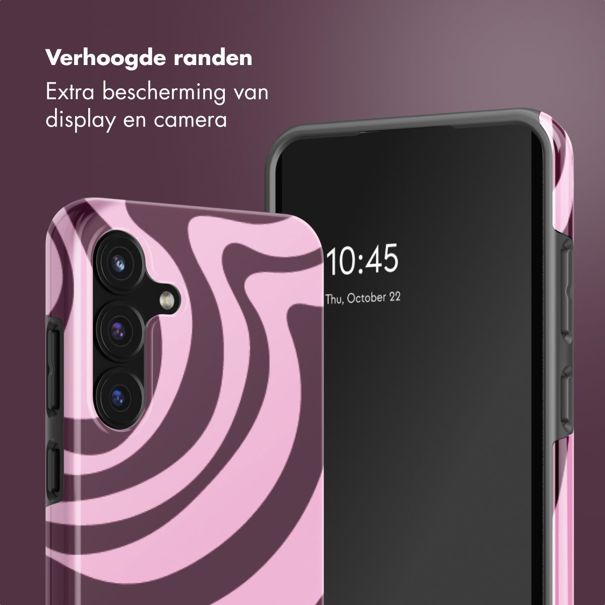 Un téléphone avec une coque de téléphone rose et marron tourbillonnante, à côté d'un téléphone affichant l'heure 10h45.