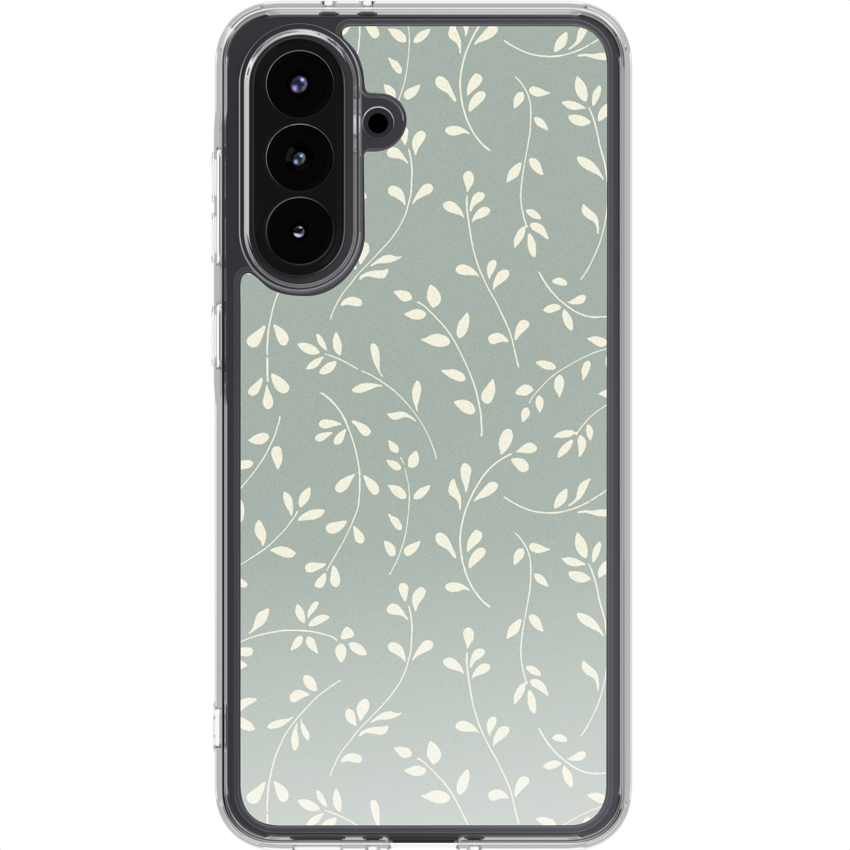 Une coque de téléphone avec un motif floral. Le motif se compose de feuilles blanches sur fond vert clair. Le téléphone a une caméra.