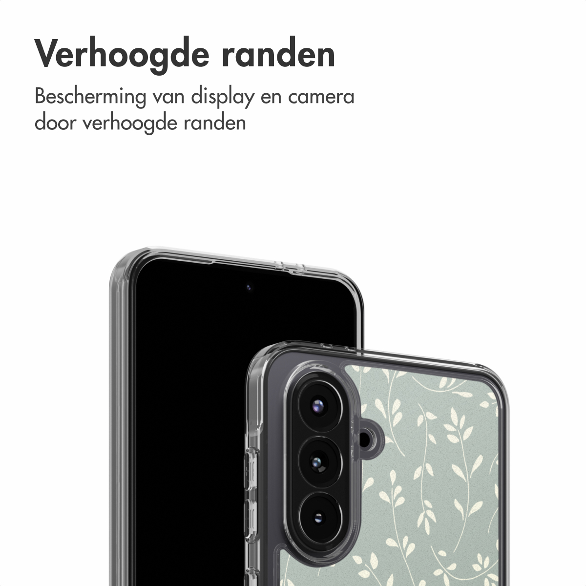 Due smartphone, uno nero e uno con custodia floreale, che mostrano bordi rialzati per la protezione del display e della fotocamera.