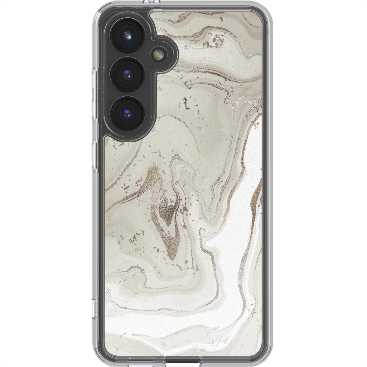 Un smartphone avec un étui à motif marbre, avec un cadre en plastique transparent et plusieurs lentilles de caméra.