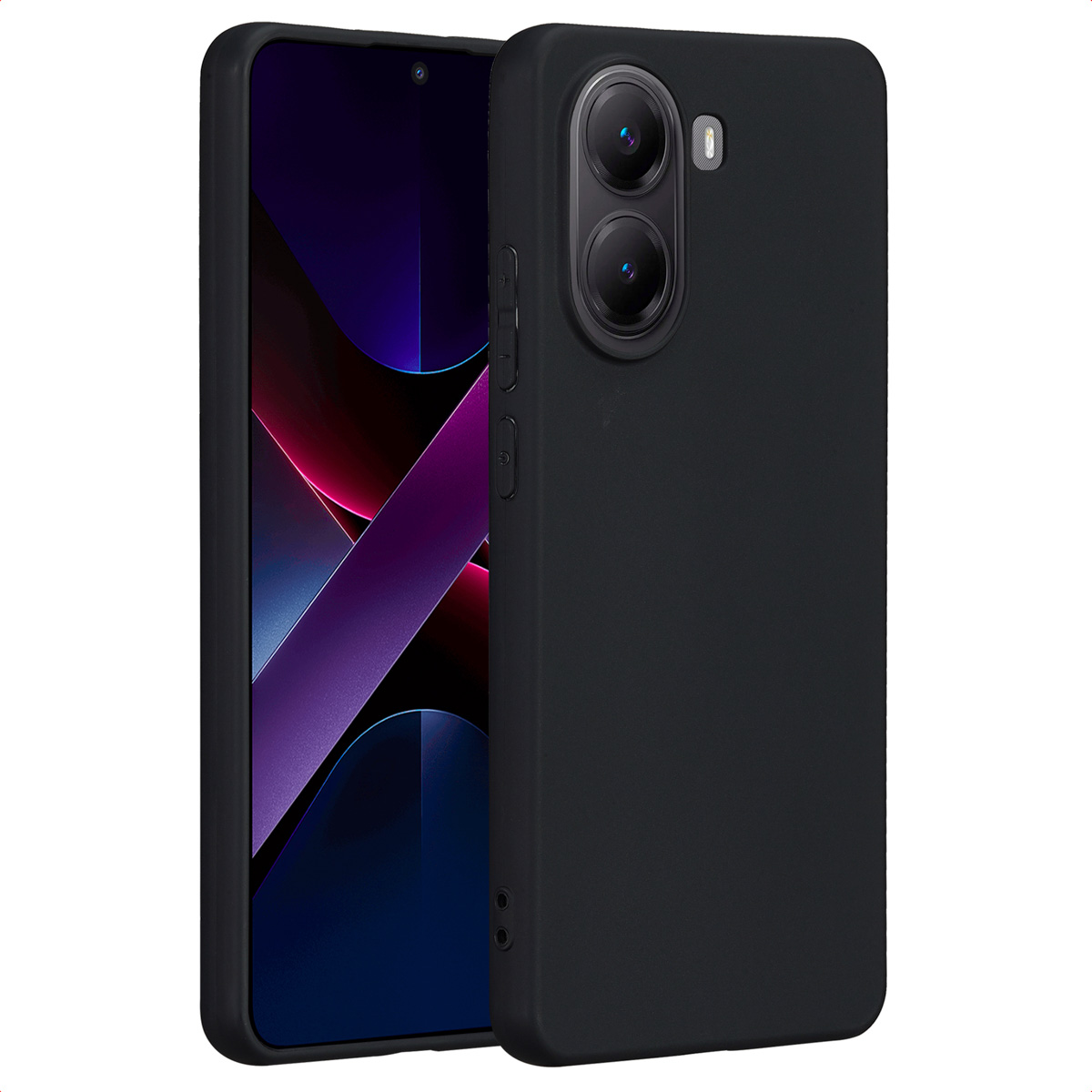 Telefono nero con custodia, che mostra parzialmente lo schermo con design astratto viola e rosa. La custodia ha due fotocamere.