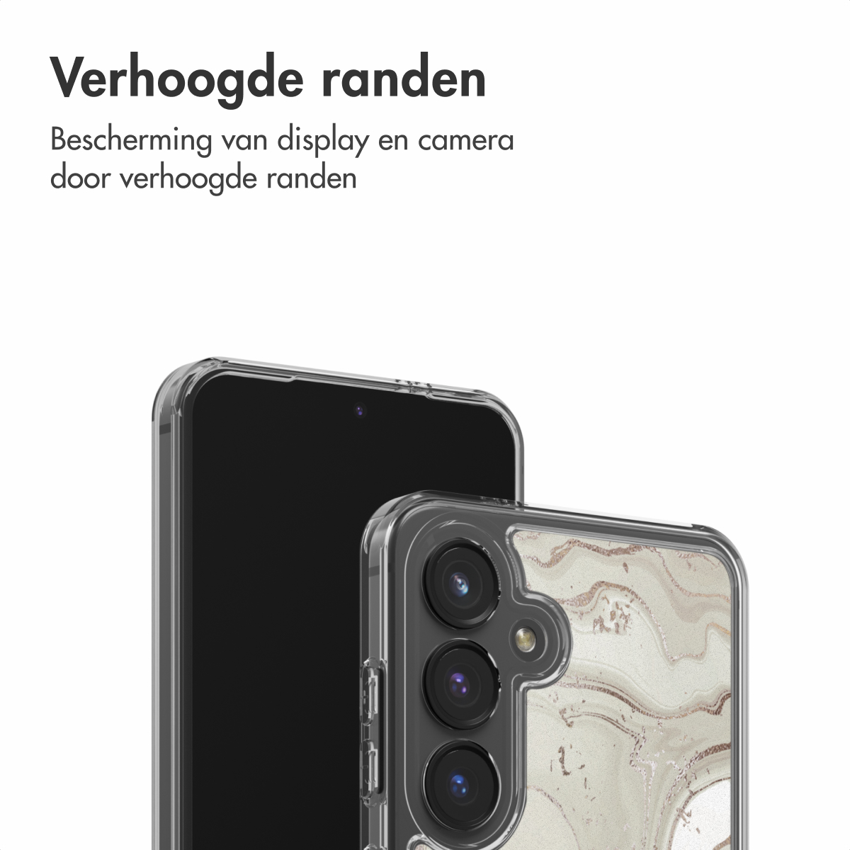 Deux smartphones, un dans une coque transparente avec motif marbre, l'autre avec écran noir. Texte: Verhhoogde randen, protection.