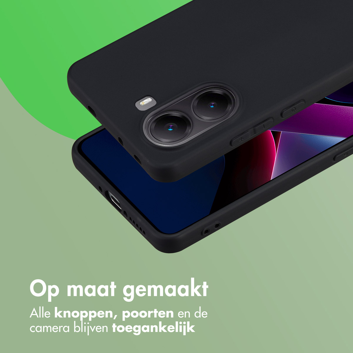 Custodia per telefono nera con lenti della fotocamera, pulsanti e schermo visibili. Il testo dice 'Su misura' in olandese.
