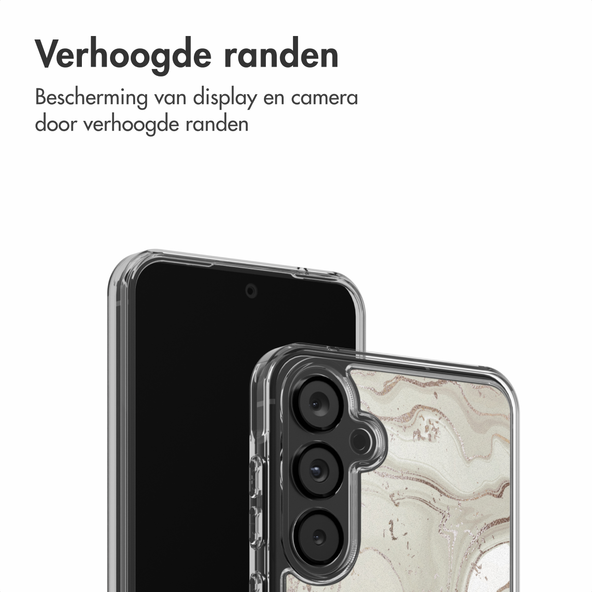 Due smartphone. Uno ha schermo nero, l'altro custodia in design marmoreo. Sopra il testo 'bordi rialzati' e dettagli protezione.