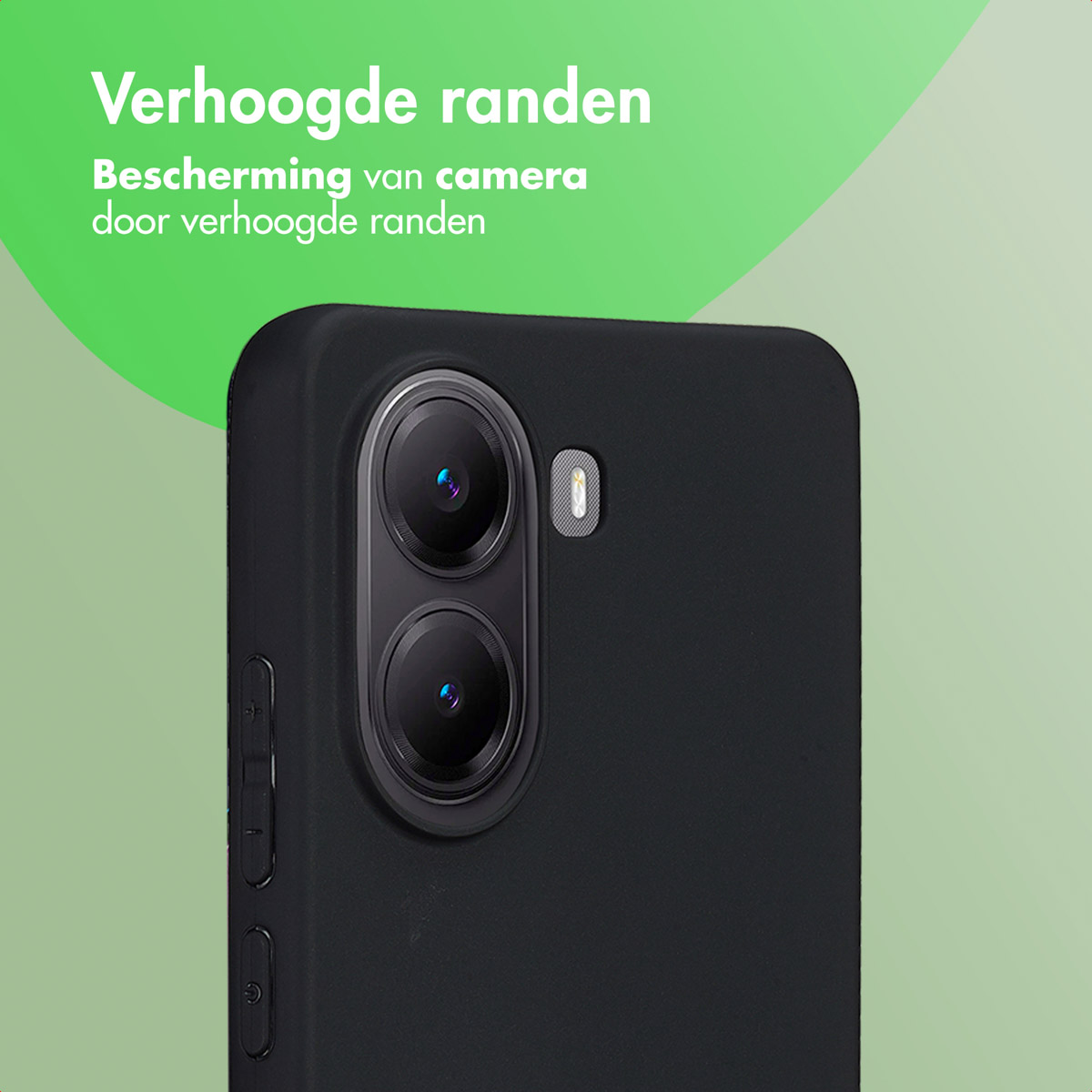 Una custodia nera per telefono con bordi rialzati che proteggono la fotocamera. Il telefono ha due obiettivi e pulsanti laterali. Sfondo verde.