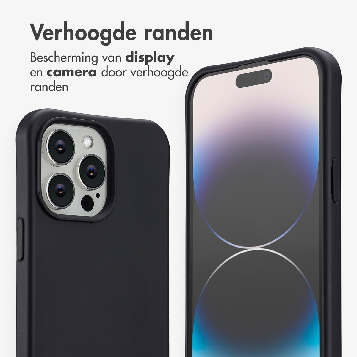 Zwarte telefoonhoesjes beschermen een telefoon. Tekst zegt 'Verhoogde randen'. Telefoon rechts, camera links, tegen een witte achtergrond.