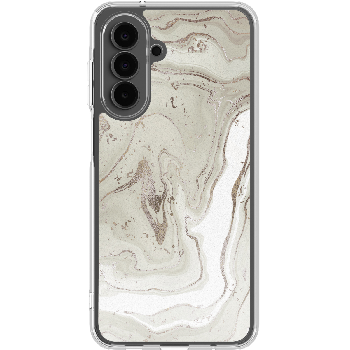 Een telefoonhoesje met een marmerontwerp. De hoes is transparant met een wit, beige en goudkleurig wervelpatroon. Een camera is zichtbaar aan de zijkant.