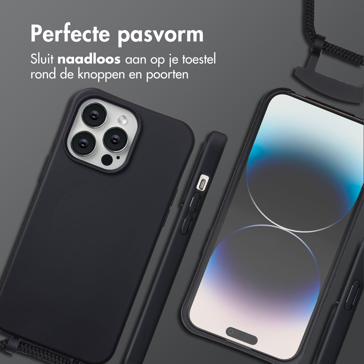 Zwarte telefoonhoesjes en een telefoon met scherm, close-up. Tekst: Perfecte pasvorm. Past naadloos om knoppen en poorten.