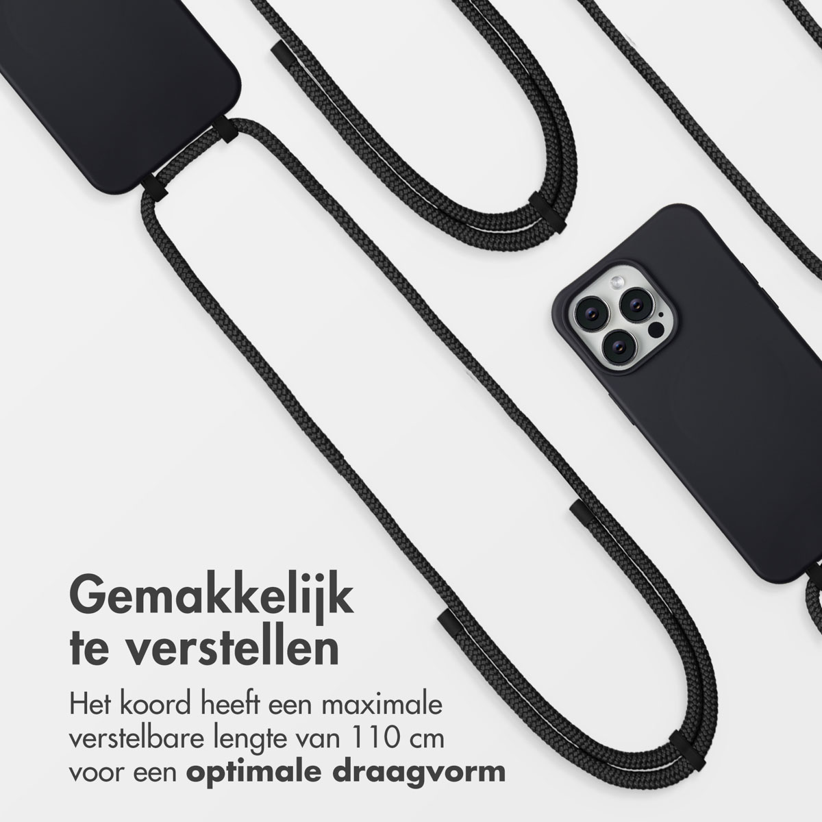Zwarte telefoonhoes met koord. Het koord is zwart en wit. De hoes heeft camera's. Tekst: Gemakkelijk in te stellen.