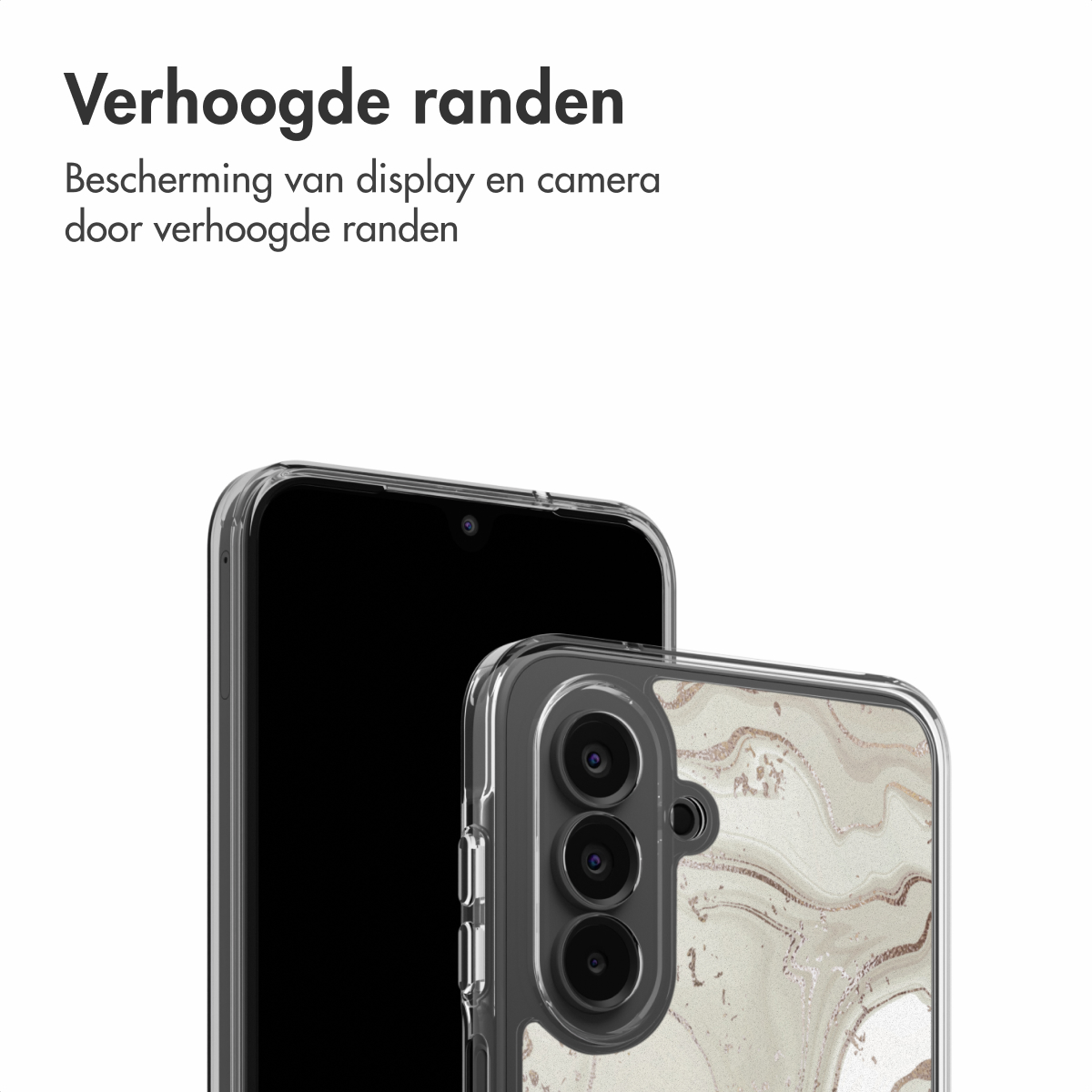 Twee smartphones, één in een doorzichtig hoesje met marmerdesign, de andere zonder hoesje. Tekst: 'Verhoogde randen'.