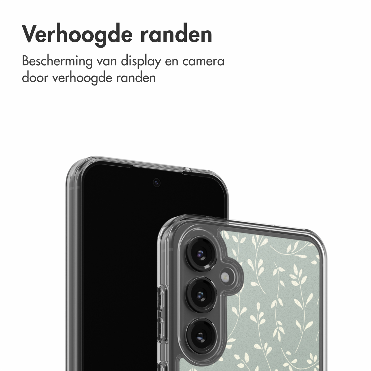 Uno smartphone in una custodia trasparente, con un motivo floreale verde menta. Sono visibili lo schermo nero e l'intaglio della fotocamera.