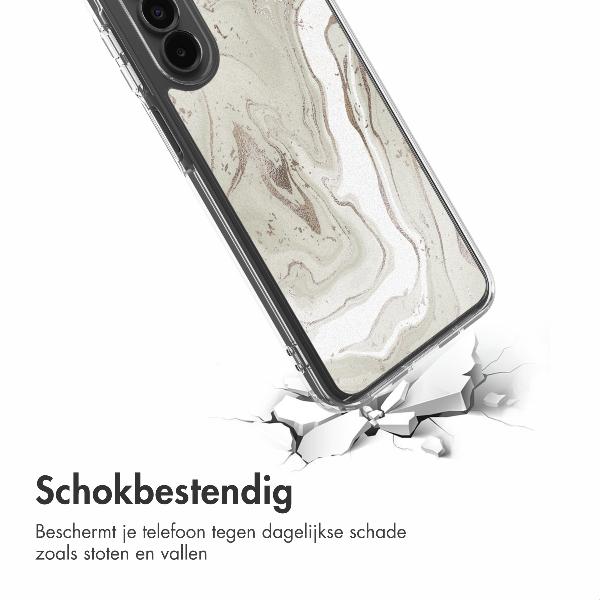Een telefoonhoesje met marmerdesign, gebarsten grond eronder en de tekst 'Schokbestendig'. Het beschermt de telefoon tegen dagelijkse schade.