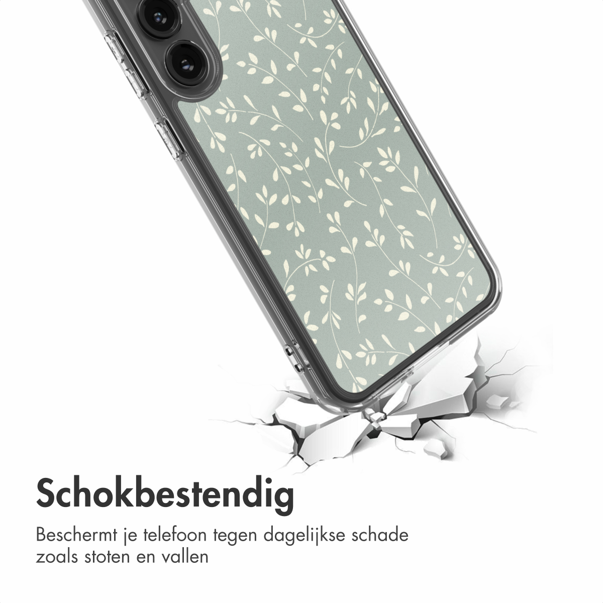 Una custodia per telefono con un design floreale è inclinata, rompendo una superficie. Lo sfondo è bianco. Il testo 'Antishock' è visibile.