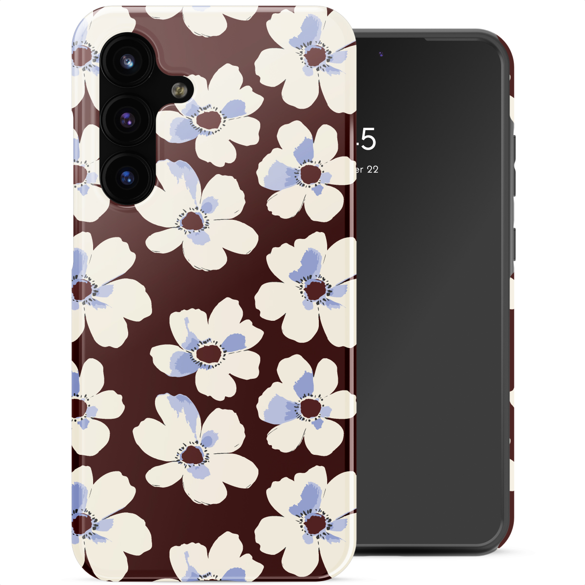 Telefono con custodia floreale. La custodia ha fiori bianchi con centri blu su sfondo marrone scuro. Lo schermo è nero.