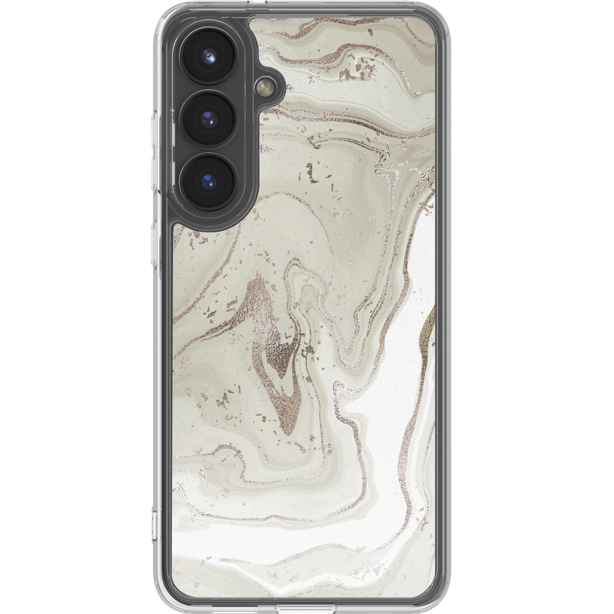 Een smartphone in een doorzichtige hoes met een marmerontwerp. De telefoon heeft drie cameralenzen. Het marmer is wit, grijs en goud.